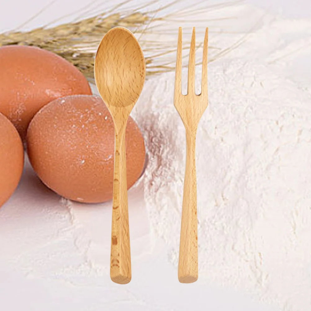 

2 pcs Beech Spoon Fork Set Eco-Friendly Durable Wooden Tableware Smooth Handle For Soup Rice Hot Pot Elegant Outdoor Dining Food