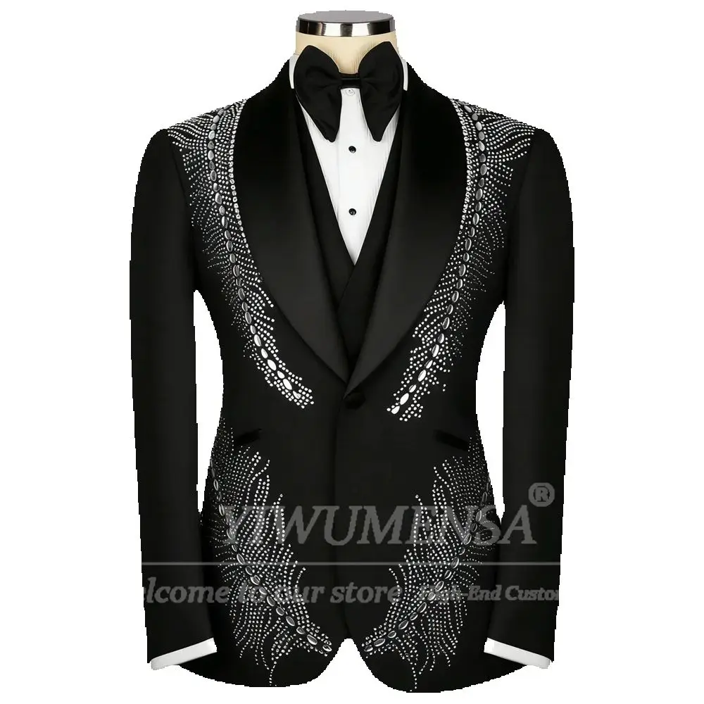 

Luxury Beaded Stones Suits Men For Wedding 3 Piece Set Shawl Lapel Groom Blazers Outfits Customized Banquet Business Tuxedos