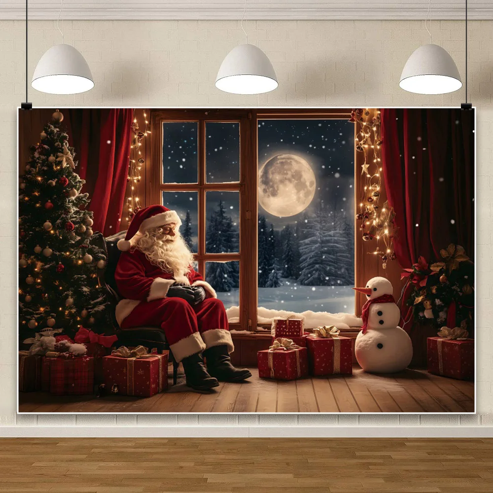 Christmas Backdrop 2024 Winter Window Xmas Tree Snowy Night Teddy Bear Christmas Canvas Photography Background Photo Studio Prop