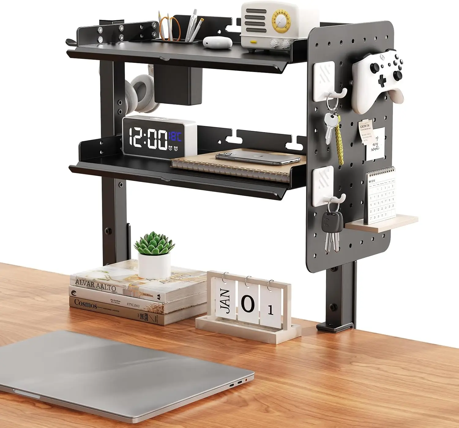 

Металлическая настольная полка с креплением на стол, регулируемая 16-дюймовая полка для хранения на столе с перфорированной панелью, держателем для карандашей, настольным органайзером и держателем для наушников