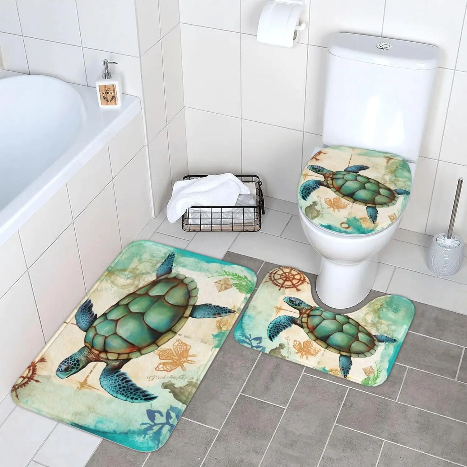 

Ocean Turtle Sea Bath Rugs 3 Piece Set Bathroom Mats + U-Shaped Toilet Pedestal Rug + Toilet Lid Cover Non-Slip Flannel Carpets