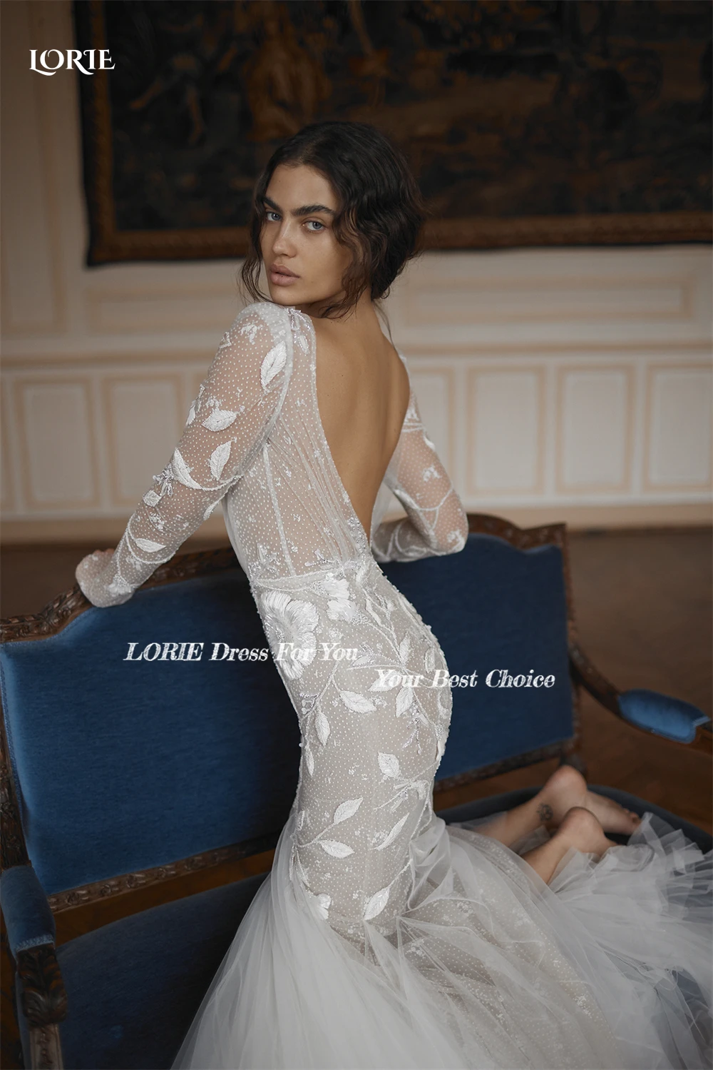 LORIE vestido de novia de sirena con bordado de puntos, encaje con cuello en v, mangas de casquillo, vestidos de novia sin espalda, tren hinchado, vestido de novia de lujo