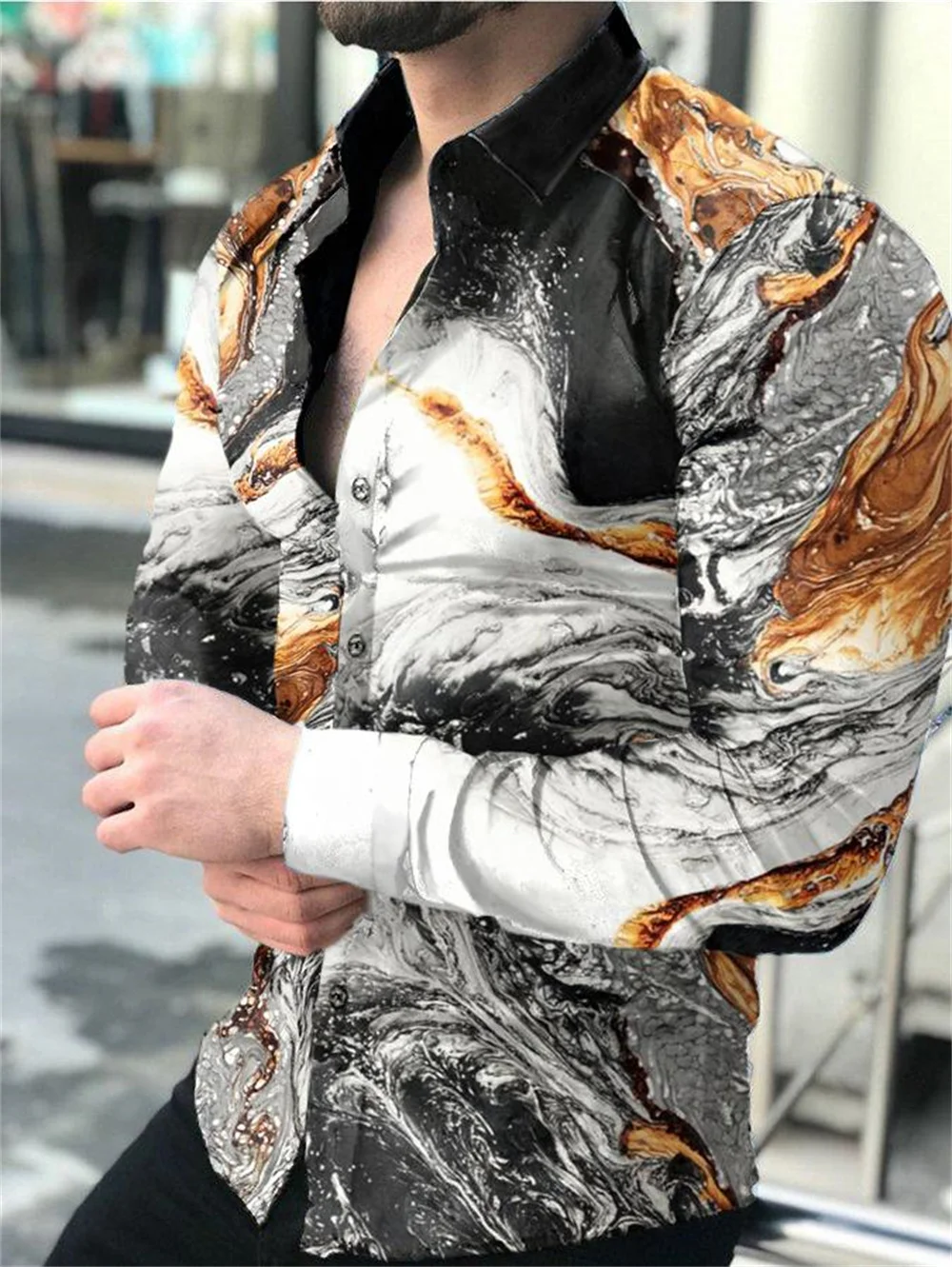 New high-end men\'s long-sleeved casual printed shirt for social events and luxurious fashion parties.