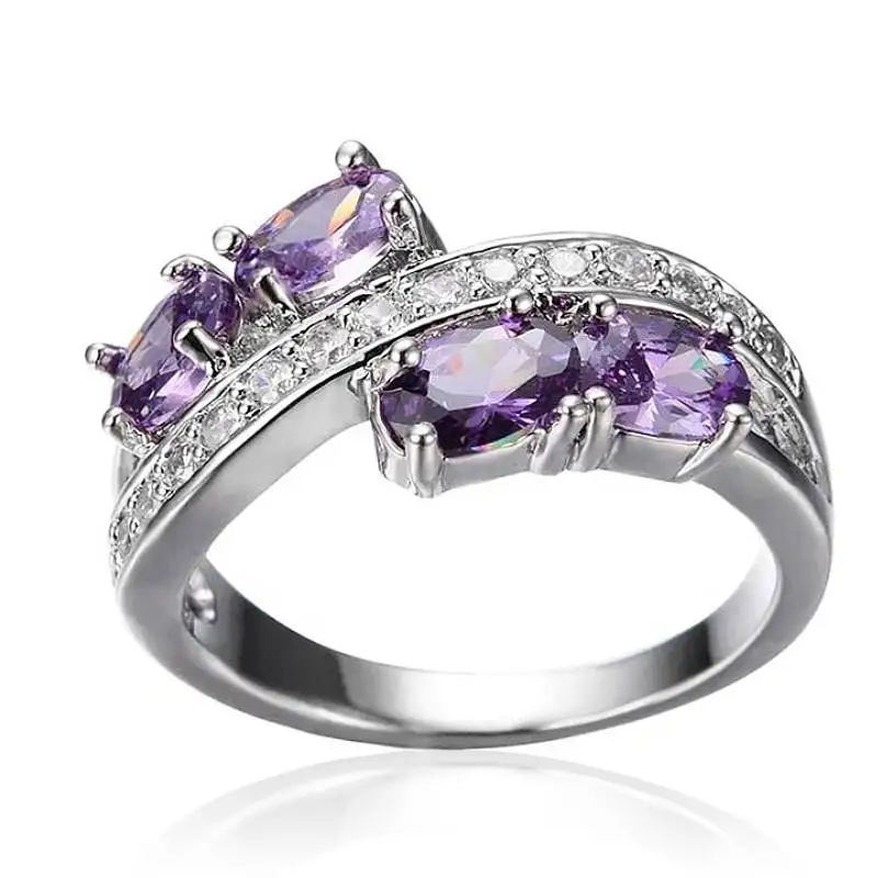 Huitan Elegant Women Ring Inlaid Bright Purple CZ Trendy Charming Wedding Party Accessories for Lady Daily Versatile Jewelry