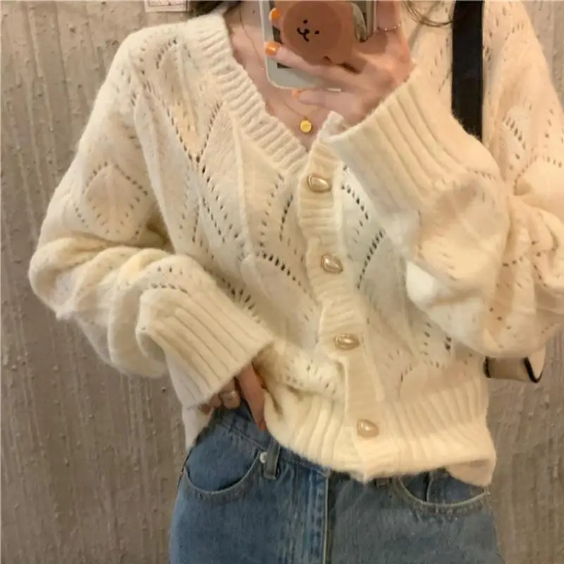 كارديجان نسائي مجوف برتقالي ، تصميم أزرار رائع ، رقبة حرف V ، سترة لطيفة ، معطف قصير ، كاجوال ، متعدد الاستخدامات ، خريف ، جديد ، #3