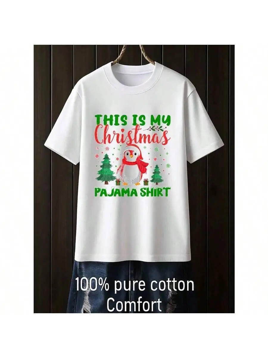 1Pc Men's 180Gsm T-Shirt With Ugly Sweater Penguin & "This Is My Pjama Shirt" Print - Short Sleeve Round 100% Cotton Trendy Y2K