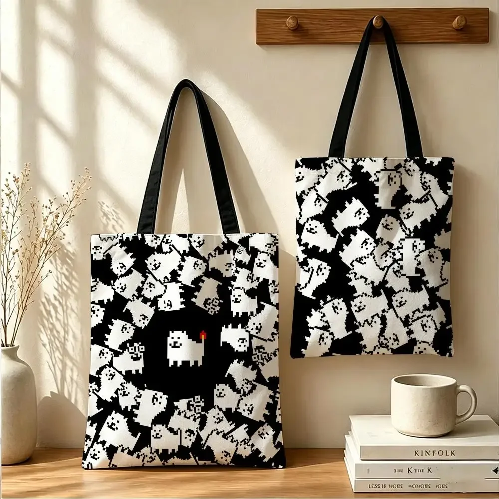 Anime U-UndertaleS Storage Bags Large Capacity Canvas Tote Bag Double-Sided Print Shoulder Handbag for Daily Shopping