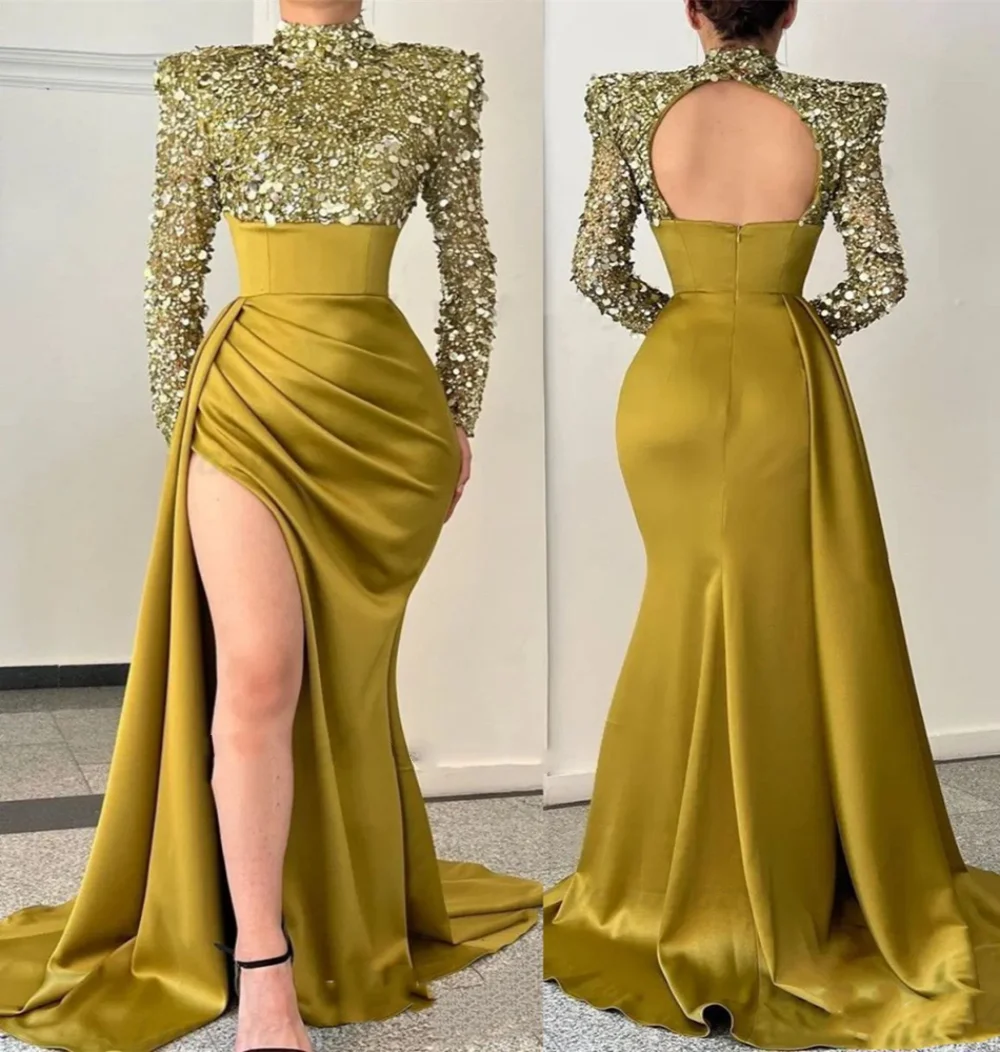 

High Neck Mermaid Prom Dresses 2024 Long Sleeves Sequins Top Formal Occasion Dress Side Slit Ruched Sexy Backless Evening Gowns