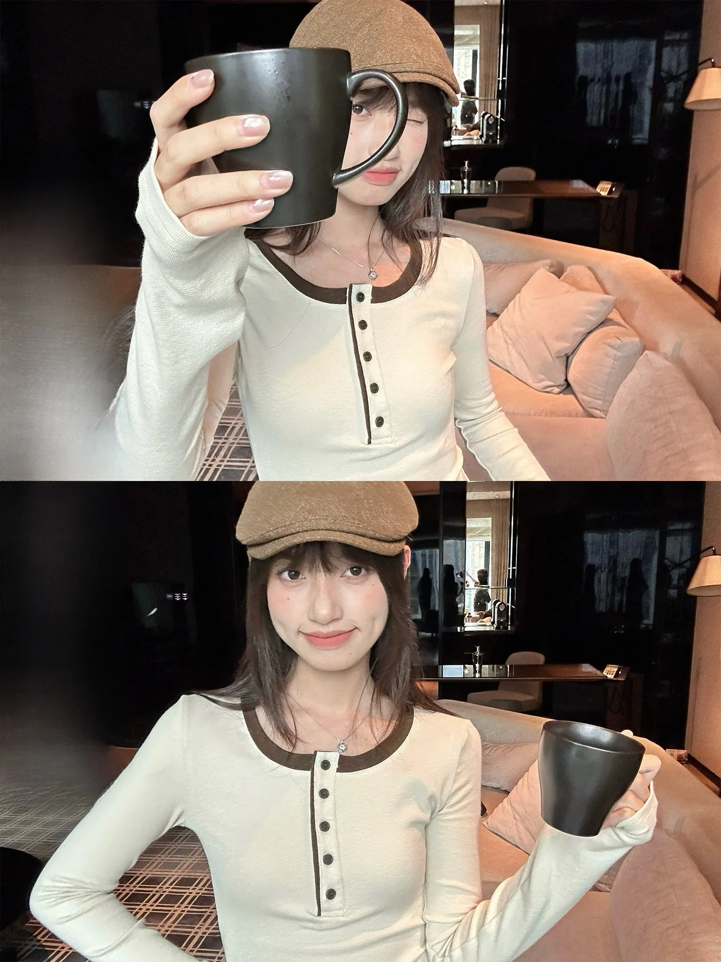 

Женская футболка-лонгслив большого размера с U-образным вырезом, цвет молочного чая, осенне-зимняя, базовый слой, повседневная, приталенная, из хлопка.