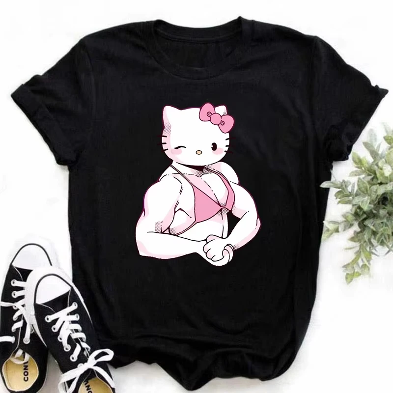 Muscle Sanrioes Women's T-Shirt Anime HelloKitties Cinnamon Kuromis Fun Model Cartoon Clothing Casual Cotton Couple's T-Shirt