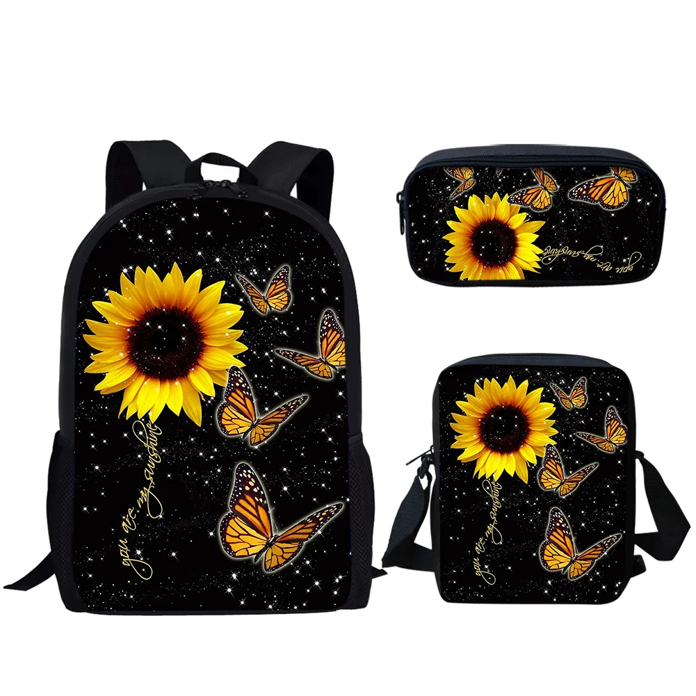 

Belidome Sunflower Butterfly Print 3Set School Bags for Teen Boys Girls Casual Backpack for Student Bookbag Mochila Infantil