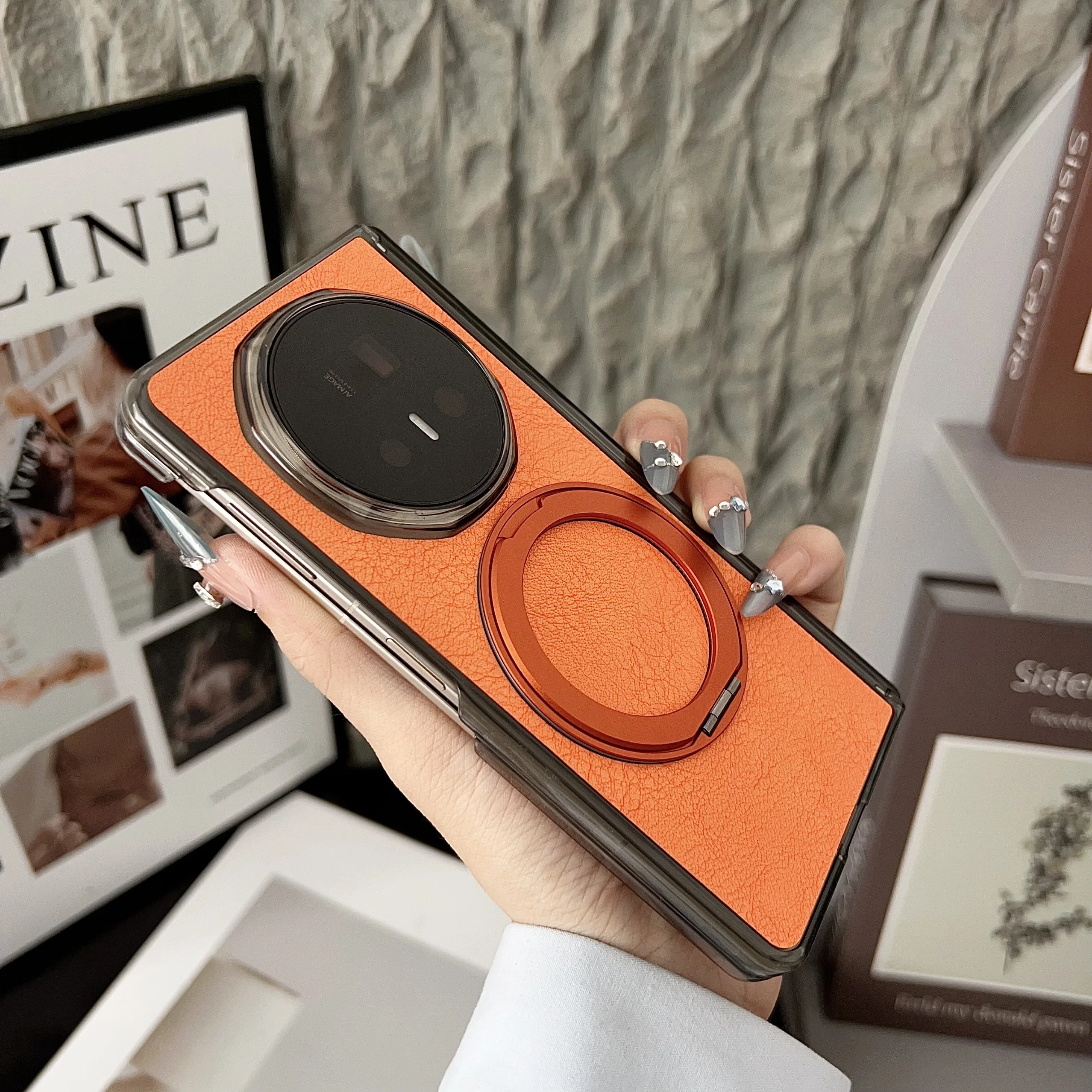 

360 ° Вращающийся кольцевой держатель премиум-класса из искусственной кожи с магнитной беспроводной зарядкой, задняя подставка для телефона, чехол для Honor Magic V5 V3