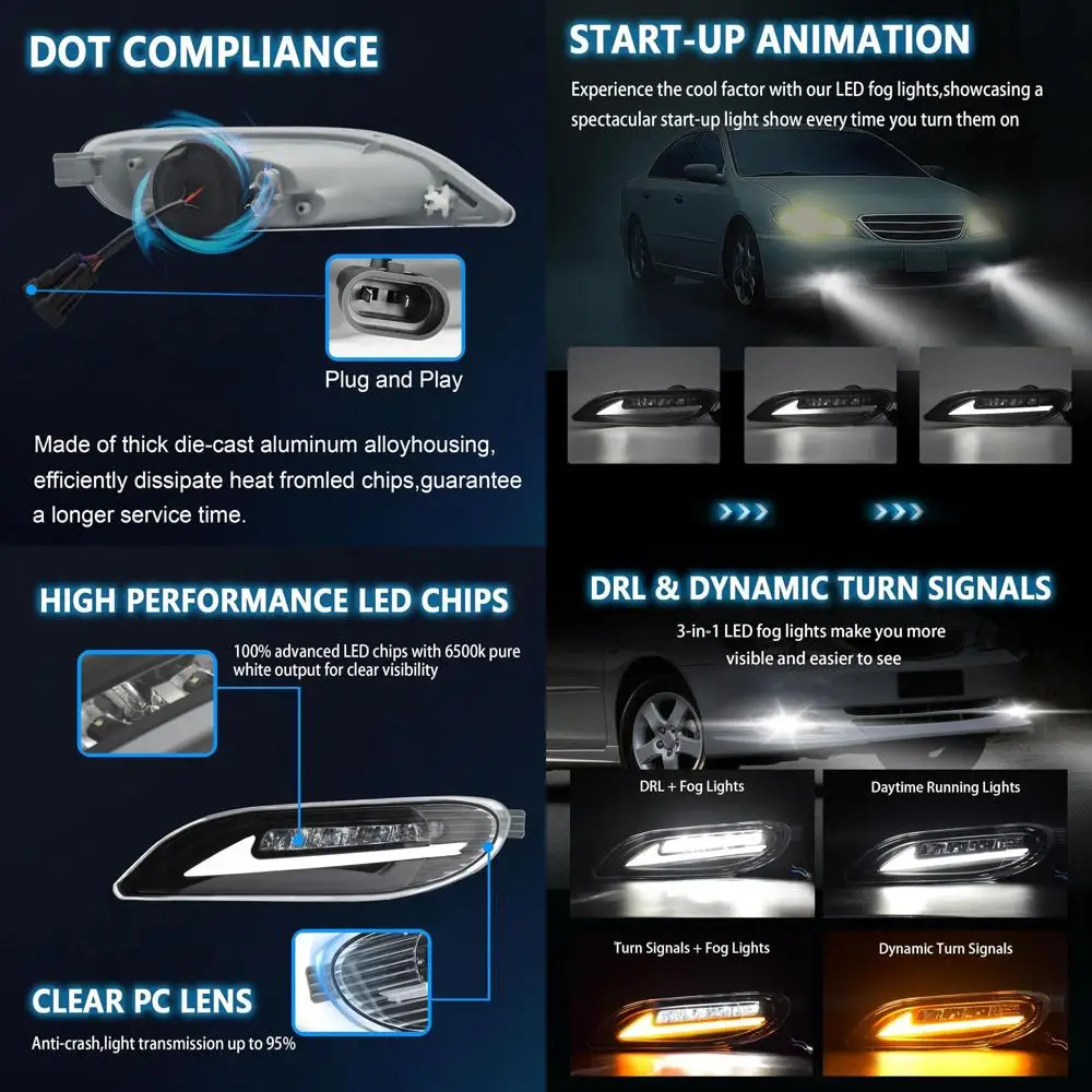 

Upgraded LED Fog Lights with DRL & Dynamic Turn Signals for 2002-2004 Toyota Camry, 2005-2008 Corolla, 2002-2003 Solara - Pair w