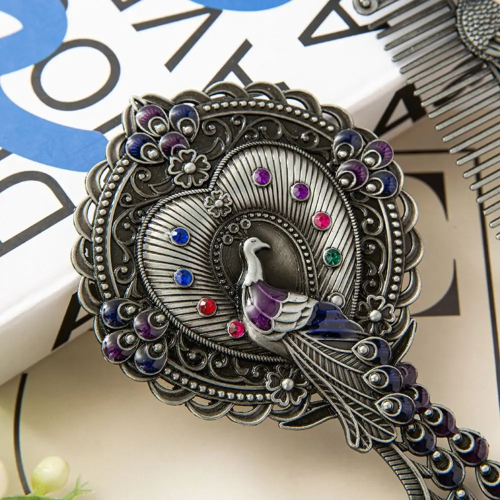 Portable Peacock Makeup Mirror Comb Set Vintage Hand-held Butterfly Cosmetic Mirror Carving Rhinestone Metal Handle