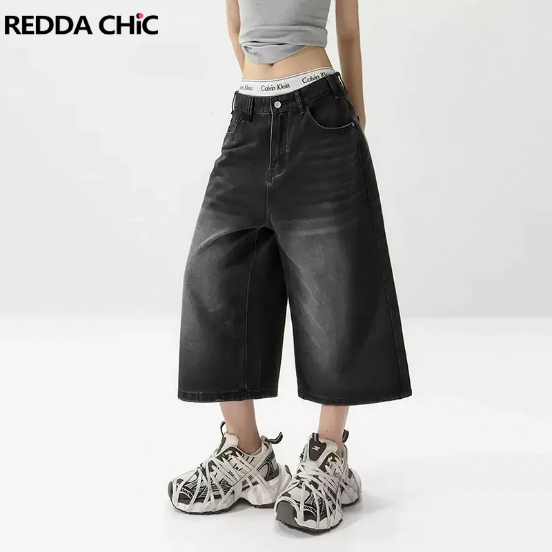 

REDDACHiC Джинсовые черные брюки-бермуды Do Old Свободный крой Повседневные однотонные потертые карманы с низкой посадкой Широкие джинсовые шорты Женские Acubi Fashion