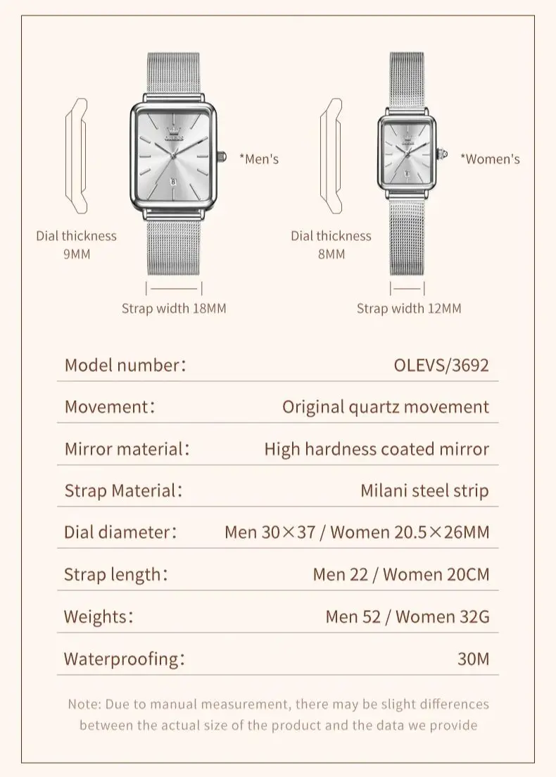 OLEVS 3692 Lover's Watch for Men Women Simple Fashion Elegant Original Waterproof Calendar Couple Watches Quartz Watch Gift Box