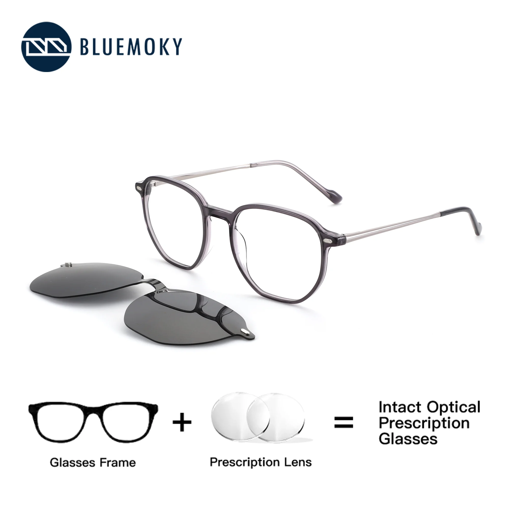 BLUEMOKY S Size Polygon Magnetic Clip On Prescription Eyeglasses Acetate Polarized UV400 Graduated Glasses Woman