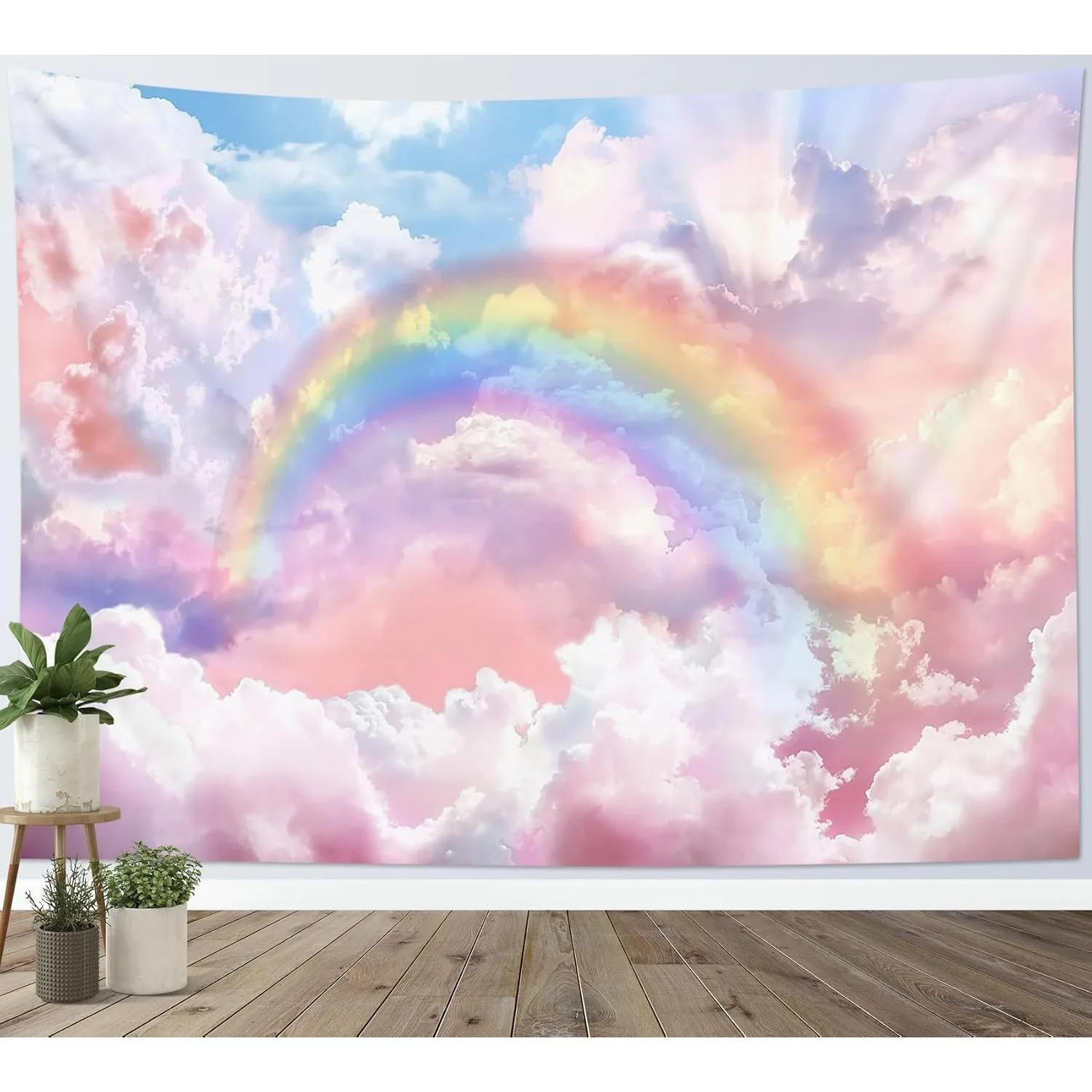 Pastel Rainbow Tapestry, Dreamy Cloud Wall Art for Bedroom or Living Room, Large Decorative Hanging, Add Heavenly Vibes