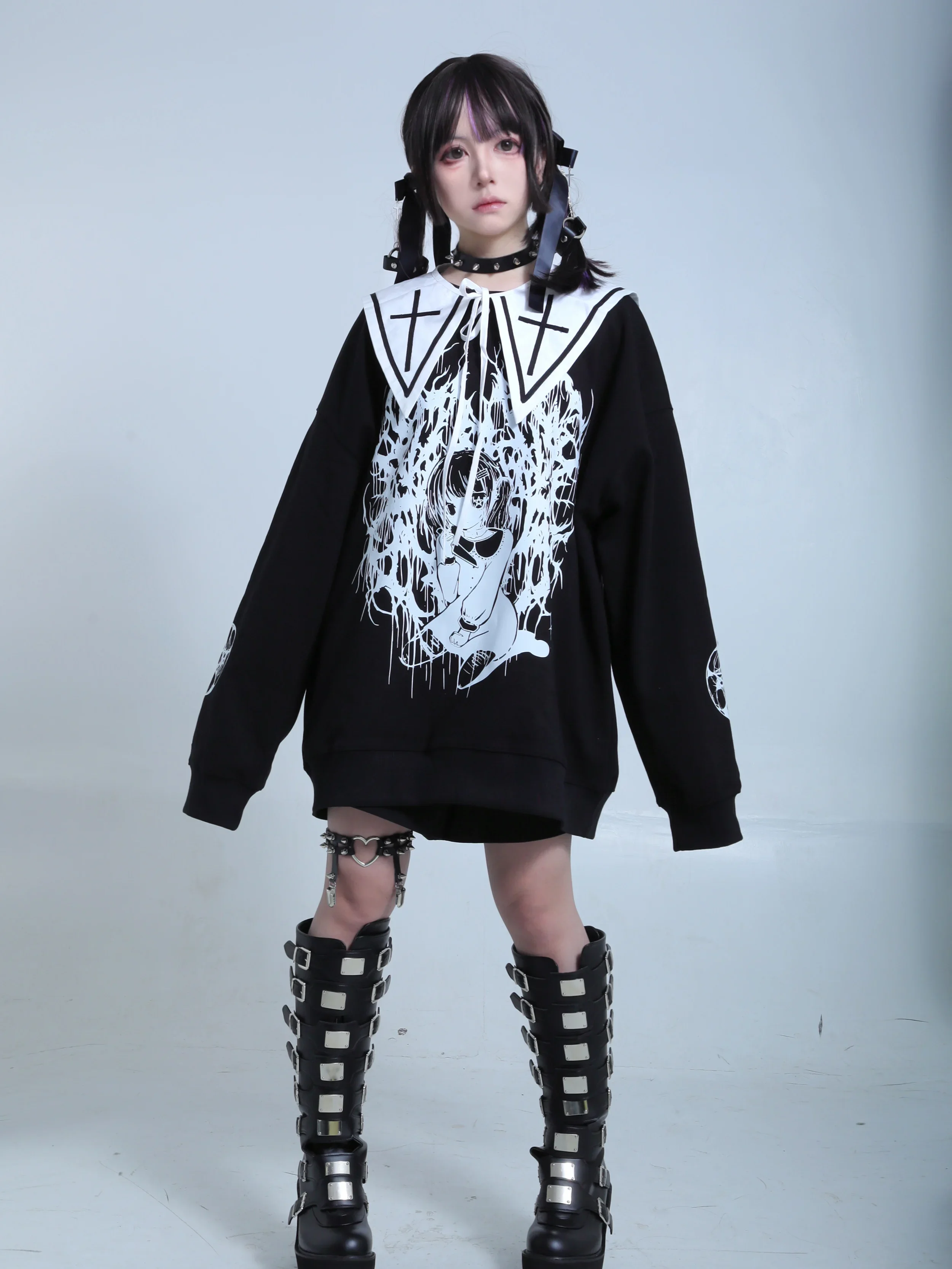 Original Gothic Dark Subculture Mine Girl Loose Mid-length Black Hoodies Female Punk Harajuku Aesthetic Pullover Anime Clothes