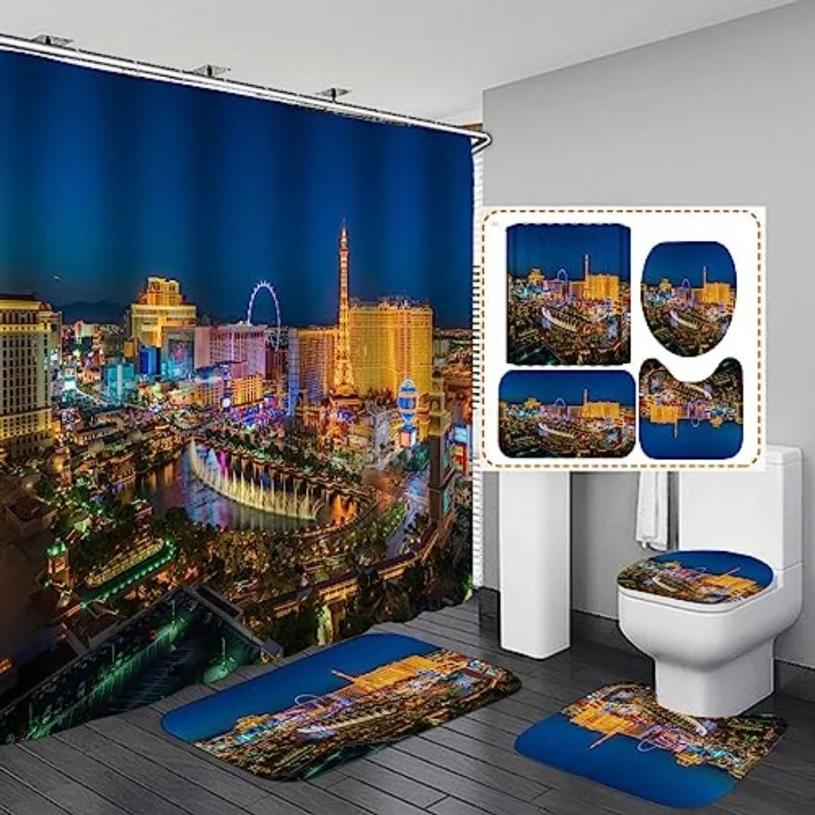 

Jayden Madge 4PCS/Set Las Vegas Fabric Shower Curtain, Cool Modern City Famous Building Ferris Wheel Night View Urban Landscape