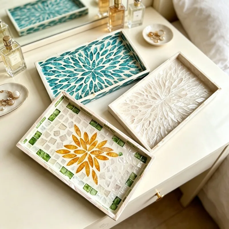 Mother of Pearl Inlay Serving Tray Luxury Rectangle Jewelry Dish Cosmetic Perfume Holder Boho Home Tabletop Decoration Ornaments