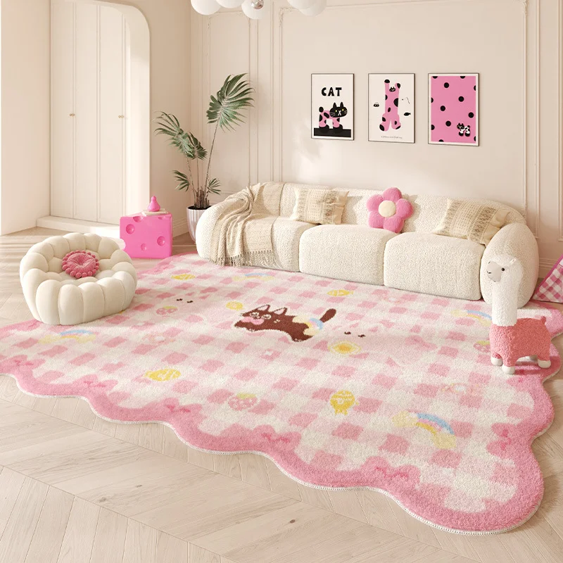 VIKAMA Cute Pink Floral Wavy Edge Area Rug Soft Plush Fluffy Floor Carpet Non‑Slip Mat for Bedroom Room Home Interior Decor