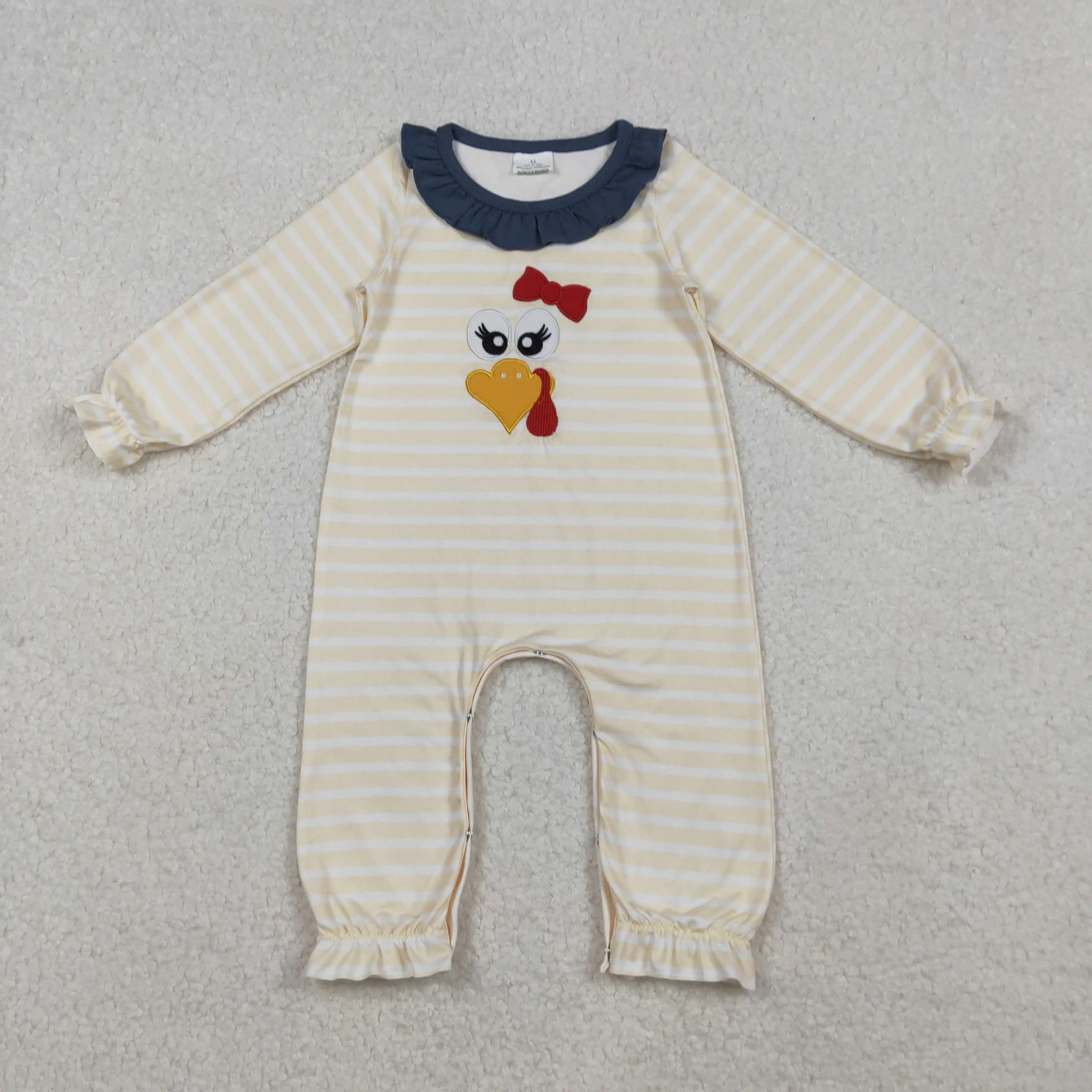 

Baby Girls Thanksgiving Embroidery Turkey Romper with Ruffle Footies And Stripe Turkey Bow - Cute Baby Outfit for Holiday