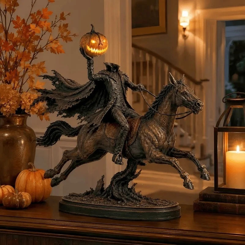 22cm Headless Horseman Resin Statue Halloween Pumpkin Knight Figure Sculpture Home Desk Room Decoration Ornament Gift