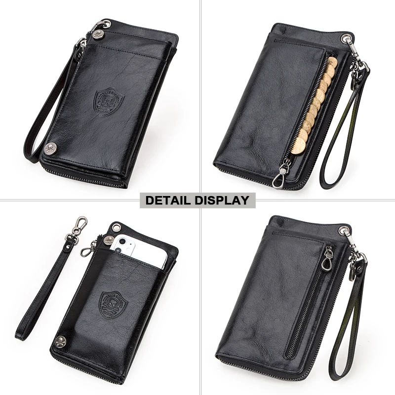 CONTACT'S Genuine Leather Men Wallet Long Clutch Casual Wallet Zipper Coin Purse Card Holder Phone Pocket Slim Wallett