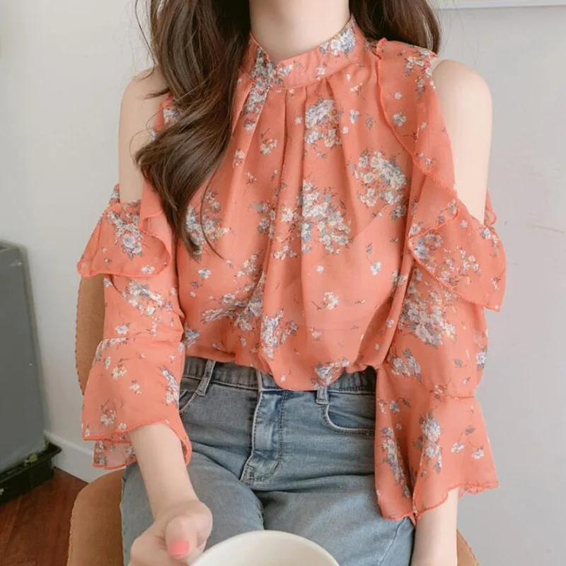 

Vintage Women's Blouses Printed Casual Shirts Fashion Slim-fit Spring/summer Ruffled Clothing Short-sleeved Chiffon Women Tops