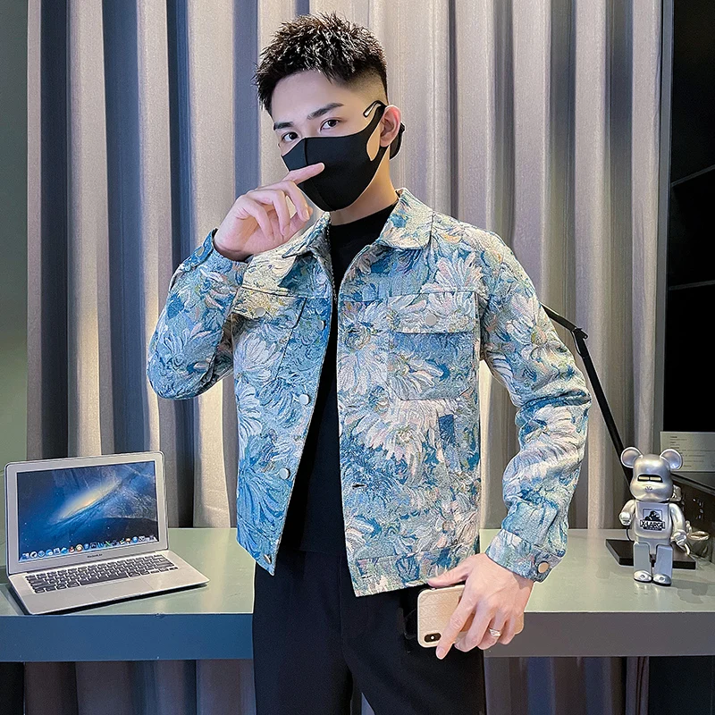 Korean Art Flower Jacquard Jacket for Men Fashion Social Streetwear Bomber Jacket Men Lapel Casual Business Windbreaker Coat