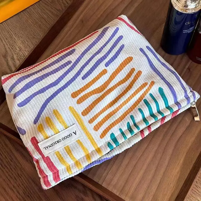 Corduroy Colourful Striped Women Cosmetic Bag Large Small Makeup Storage Bag Travel Organizer Zipper Drawstring Wash Bag Pouch