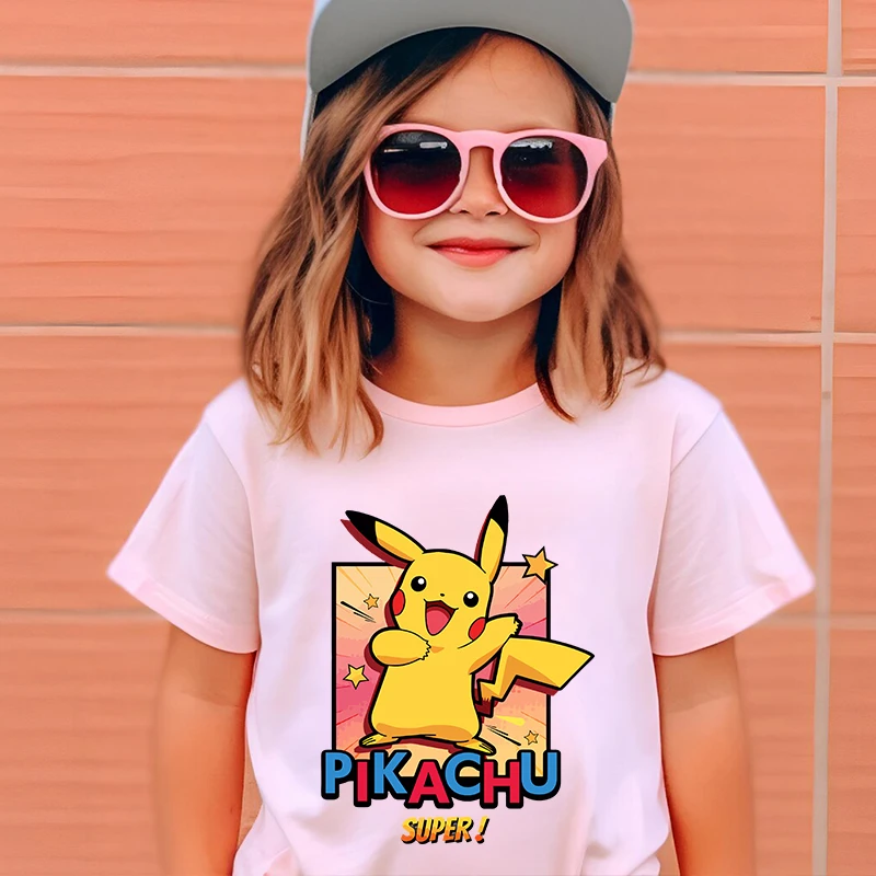 Pokemon print children's clothing kids T-shirt pure cotton short-sleeved pink top for girls