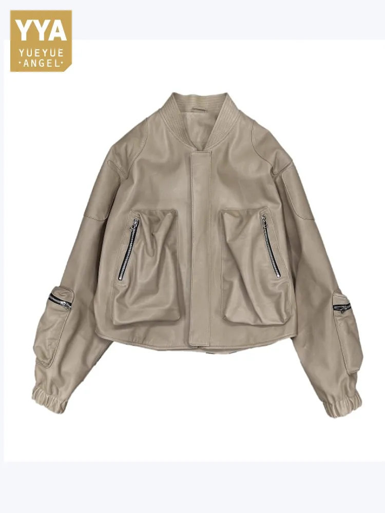 

Genuine Cow Leather Men Luxury Short Jacket Bat Sleeves Baseball Jackets Zippers Stand Collar Outerwear Fashion Autumn Coats