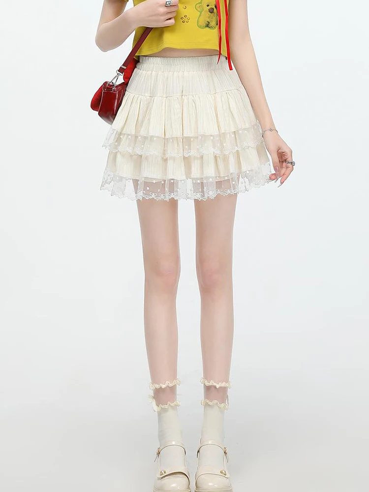Female Solid Color Sweet Elegant Lady Women Skirt Korean Summer High Waist Slim A-Line Skirt Lace Black White Apricot Skirt