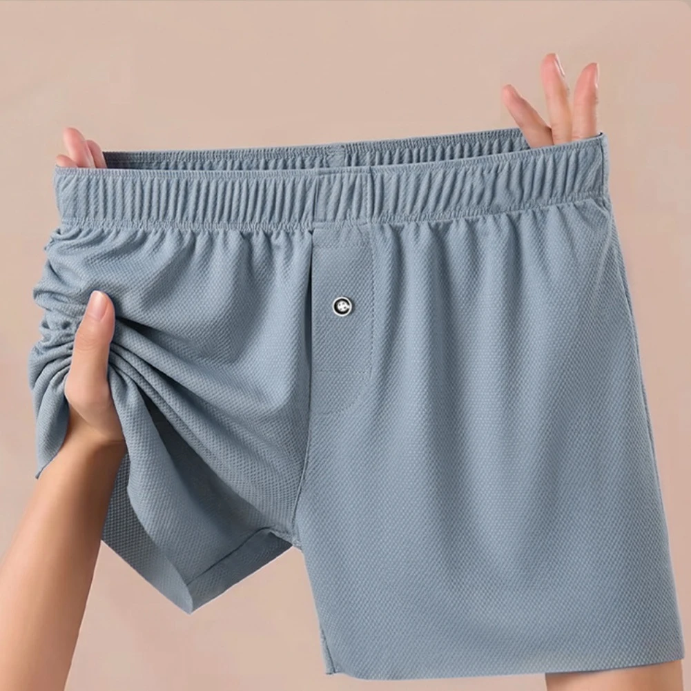 Men's Ice Silk Loose Underwear Thin Home Solid Panties Mid Waist Boxers Briefs  Soft Button Knickers Middle Waist Underpants