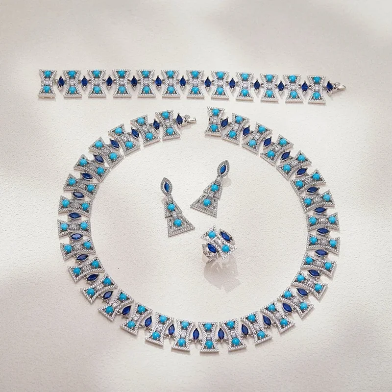 Designer Style Stud Ring Earrings Bracelet Necklace Women Lady Inlay Cubic Zircon Synthetic Sapphire Turquoise Party Jewelry Set