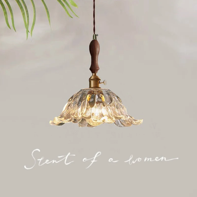 French Walnut Wood Floral Glass Pendant Light Brass Vintage Lamp for Dining Bar Bedroom B&B Rustic Home Decor