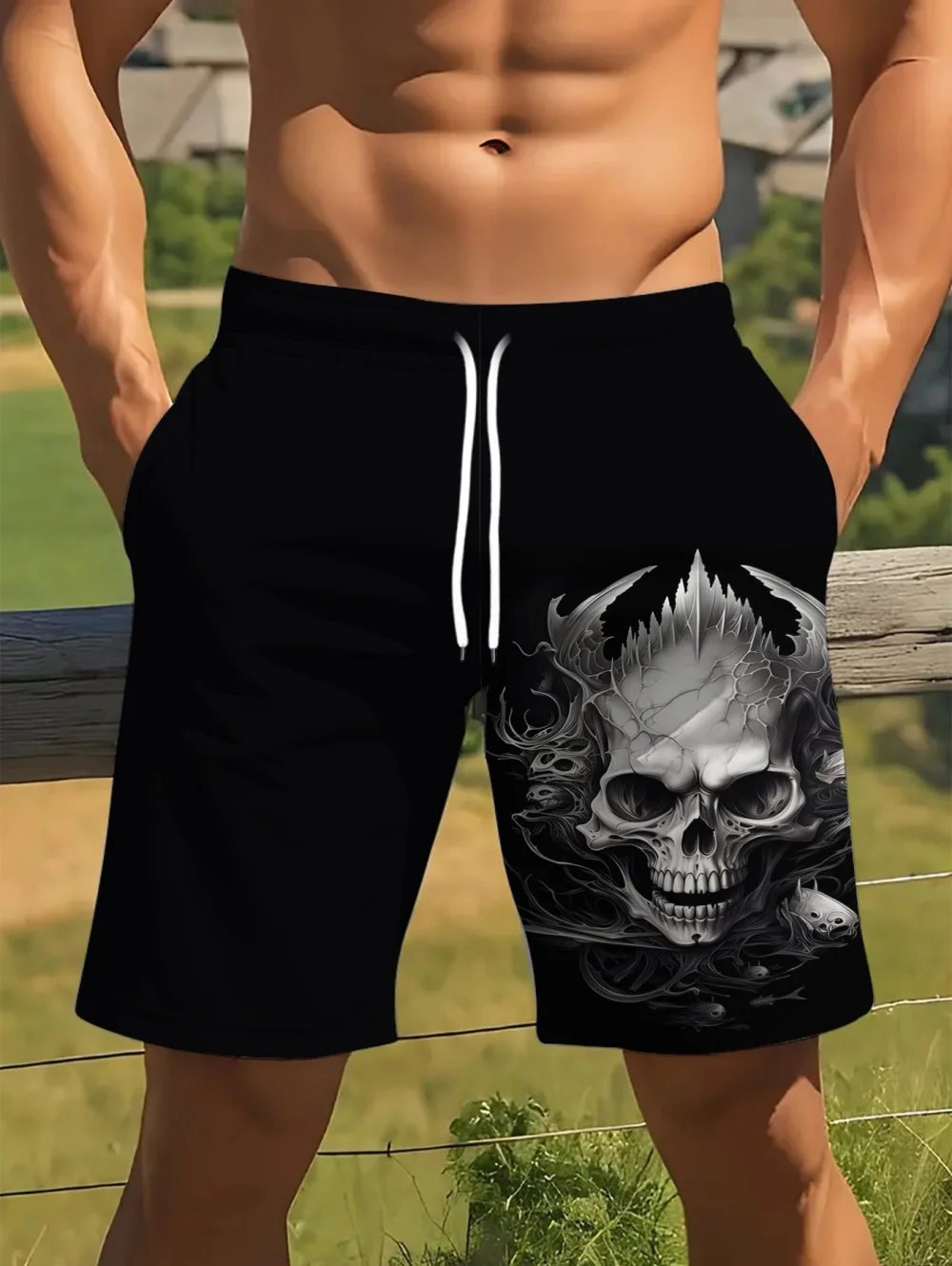 Vintage Skull Pattern Men's Beach Shorts 3D Printed Drawstring Shorts Summer Swimming Oversized Street Hip Hop Menswear Clothing
