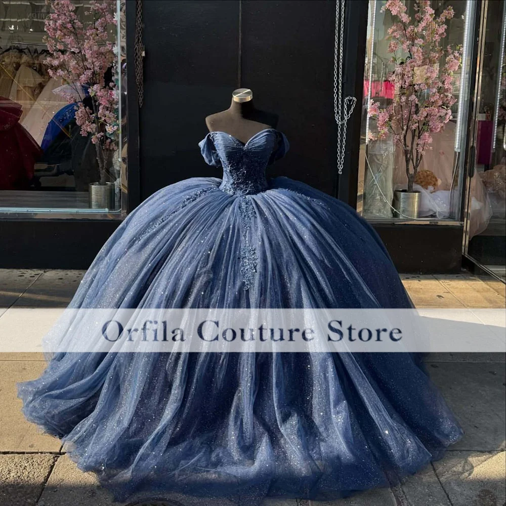 Blue Quinceanera Dresses for 15 Anos Off the Shoulder Bowknot Lace Appliques Ball Gown Robe Quinceanera Rouge Customized