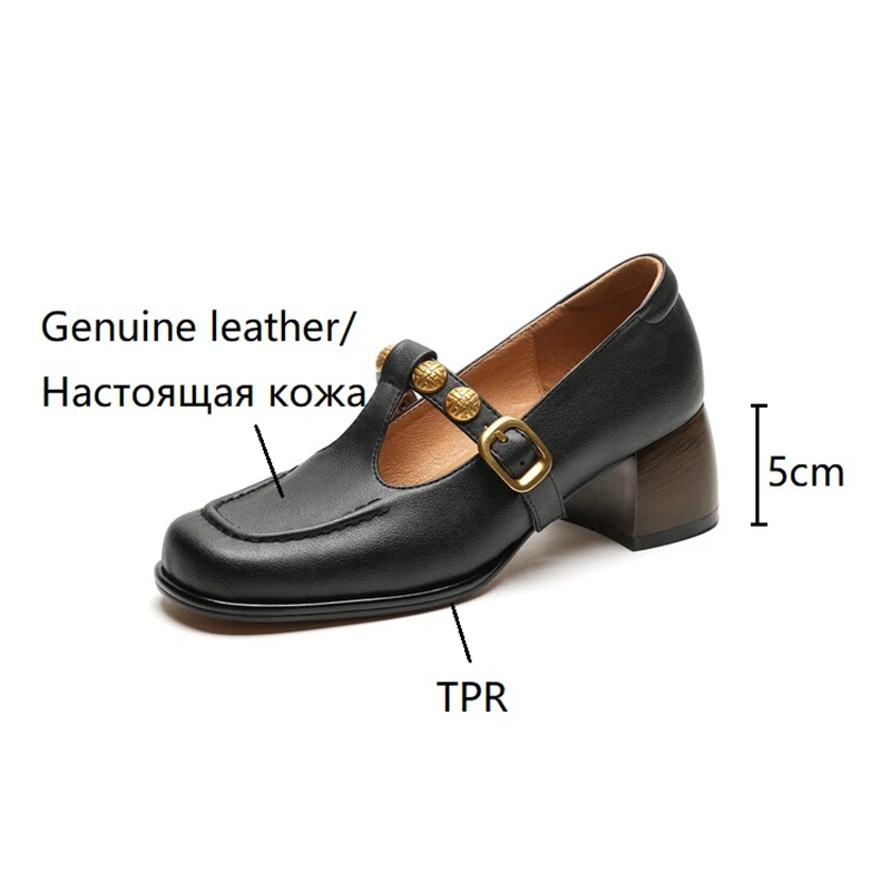 NEW Spring Women\'s Pumps Genuine Leather Shoes for Women Square Toe Chunky Heel Shoes Retro Buttons Mary Janes Retro Brown Shoes