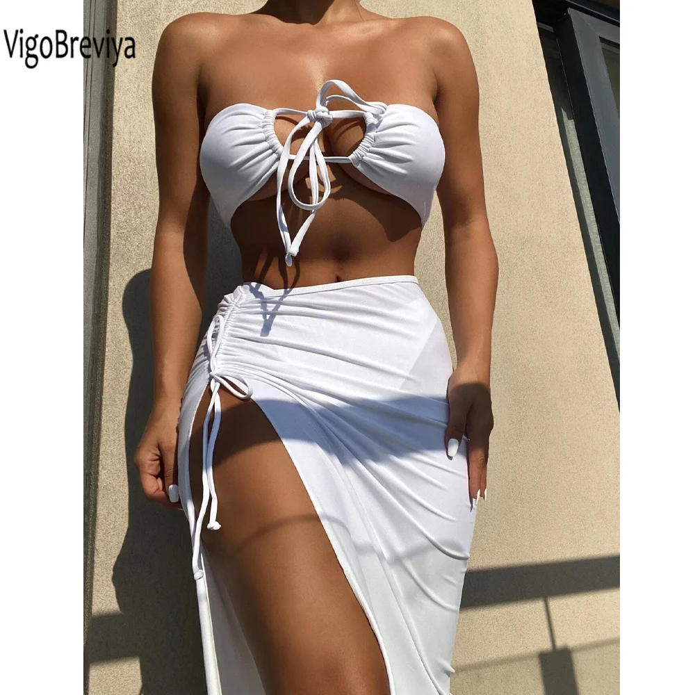 VigoBreviya Sexy Solid Push UP Bandeau 3PCS Spódnica Bikini Set Stroje kąpielowe Kobiety 2025 Wysoka talia Strój kąpielowy Letni strój kąpielowy