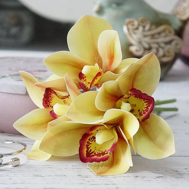 9 Inch Artificial Cymbidium Orchid Bouquet for Home Decoration Wedding Photography