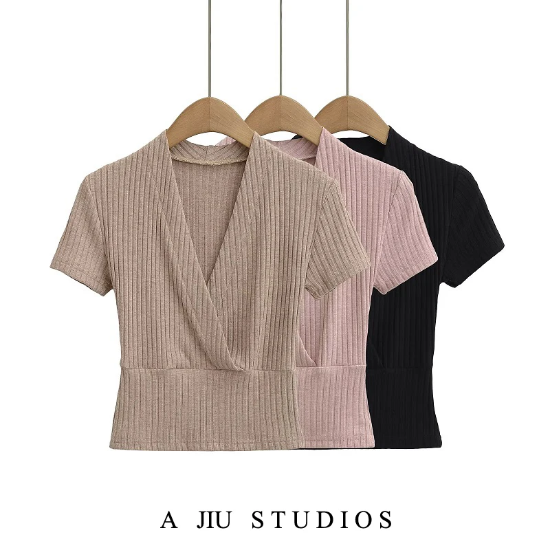 

Sexy ort Sve V-Ne Low Chest T-irt Women's Tight Fit Street Sle Slimming Top Elastic Waisand Korean Sle