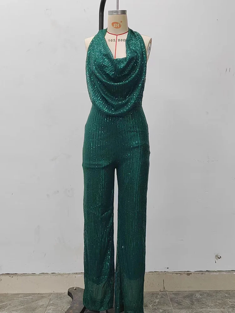 Elegante tecido de lantejoulas feminino profundo decote em v perna larga macacão halterneck sem mangas moda brilhante festa noite clubwear macacão