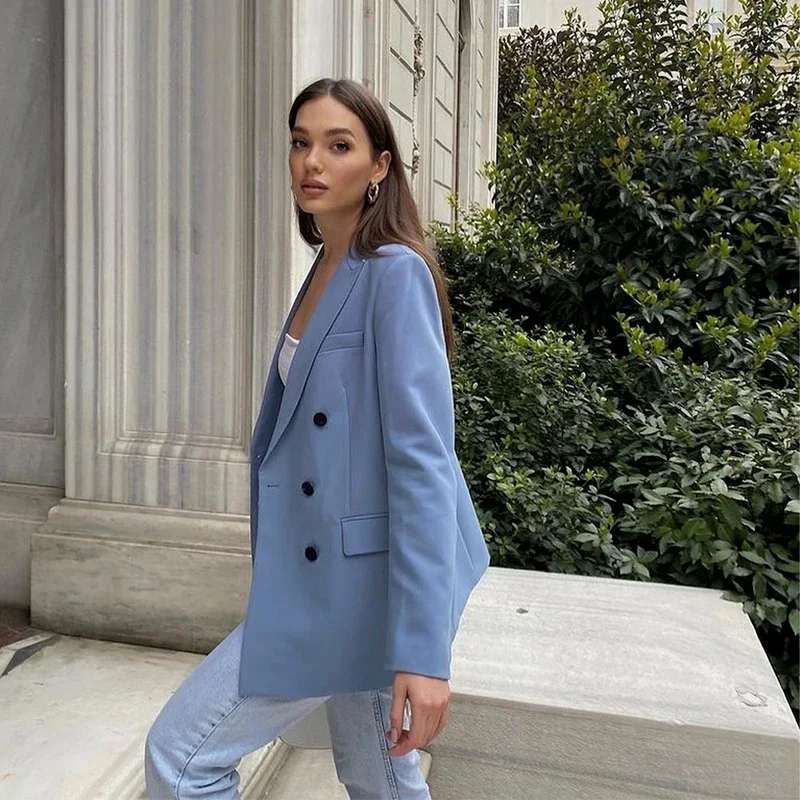 2024 Spring New Two-piece Set Suit Blue Double Breasted Blazer + Casual Straight Trousers Elegant Fashion Chic Women's Clothes