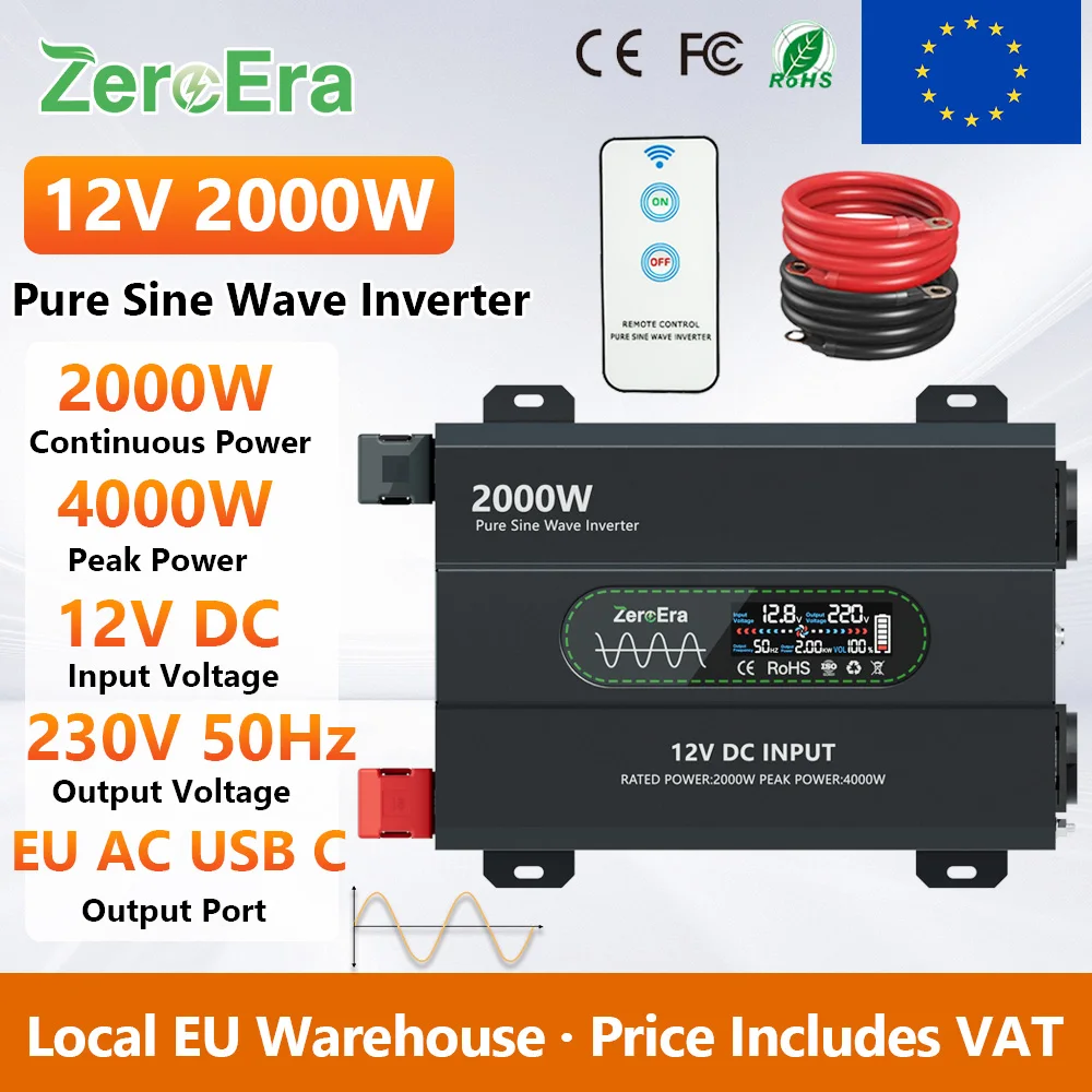 ZeroEra Reiner Sinus-Wechselrichter 12V 2000W Nennleistung 4000W Spitzenleistung zu AC 230V 50Hz mit EU-Wechselstromsteckdosen, USB-C-Anschluss und Fernbedienung für Wohnmobil, LKW, Camper, Reisen,