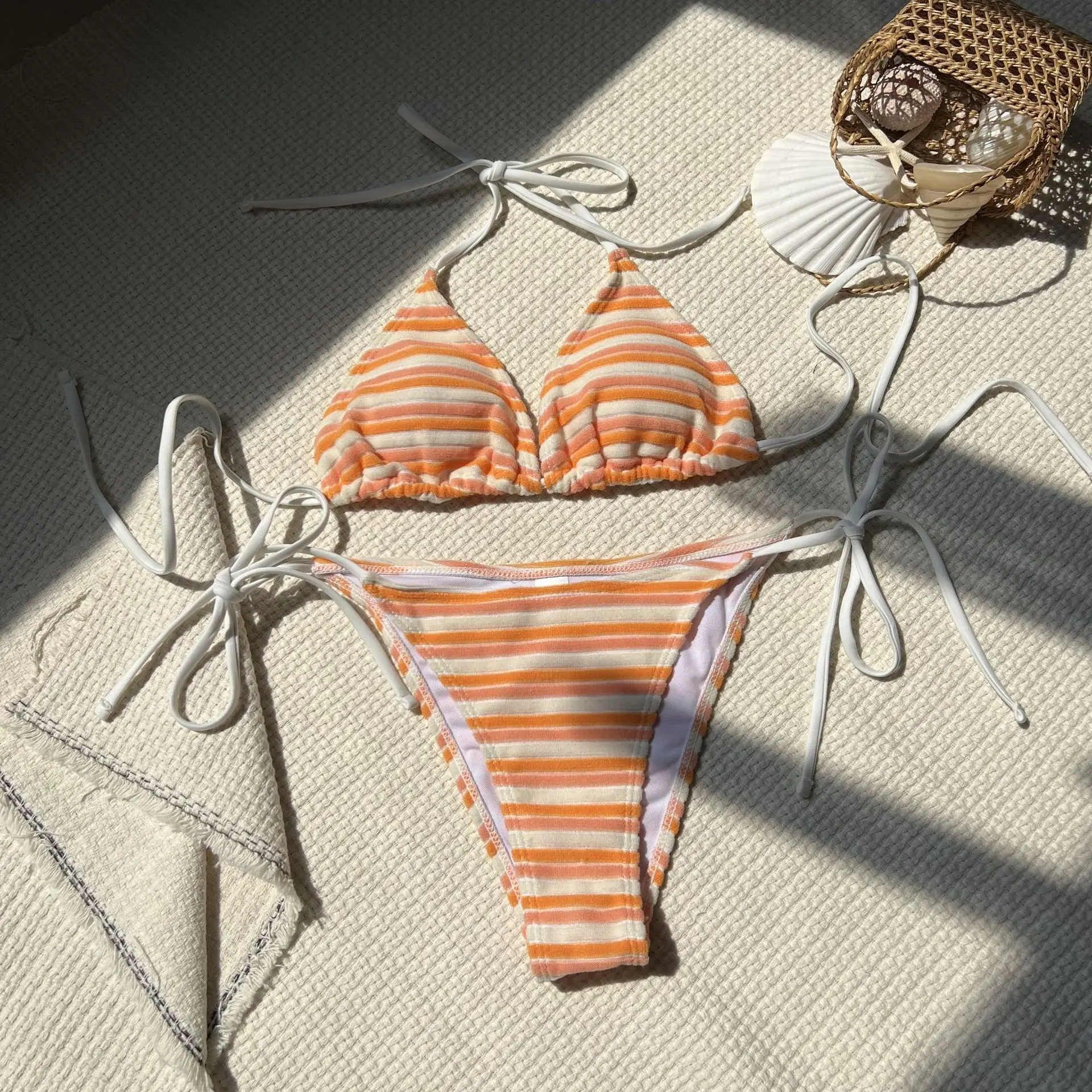 sexy terry cloth striped bikinis sets two pieces halter tie swimsuits Swimwear Biquini conjunto de bikini tankini trikini