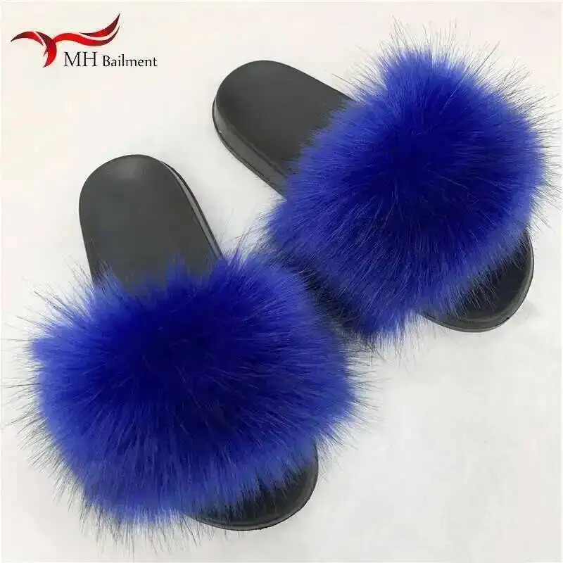 Zapatillas de piel sintética para mujer, chanclas planas mullidas para casa, cómodas y peludas, para invierno