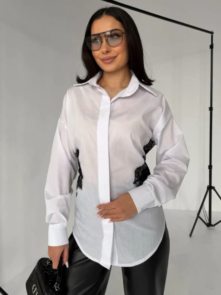

Chic Brown Lace Cutout Shirt Turn Down Collar Long Sleeve Button Up Blouse 2026 Summer Lady Fashion Casual Streetwear Tops
